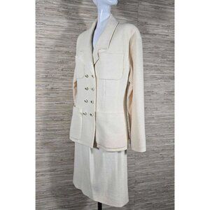 Chanel Boutique 1994 Cream Wool Silk Suit Set 38 Double Breasted Jacket Skirt